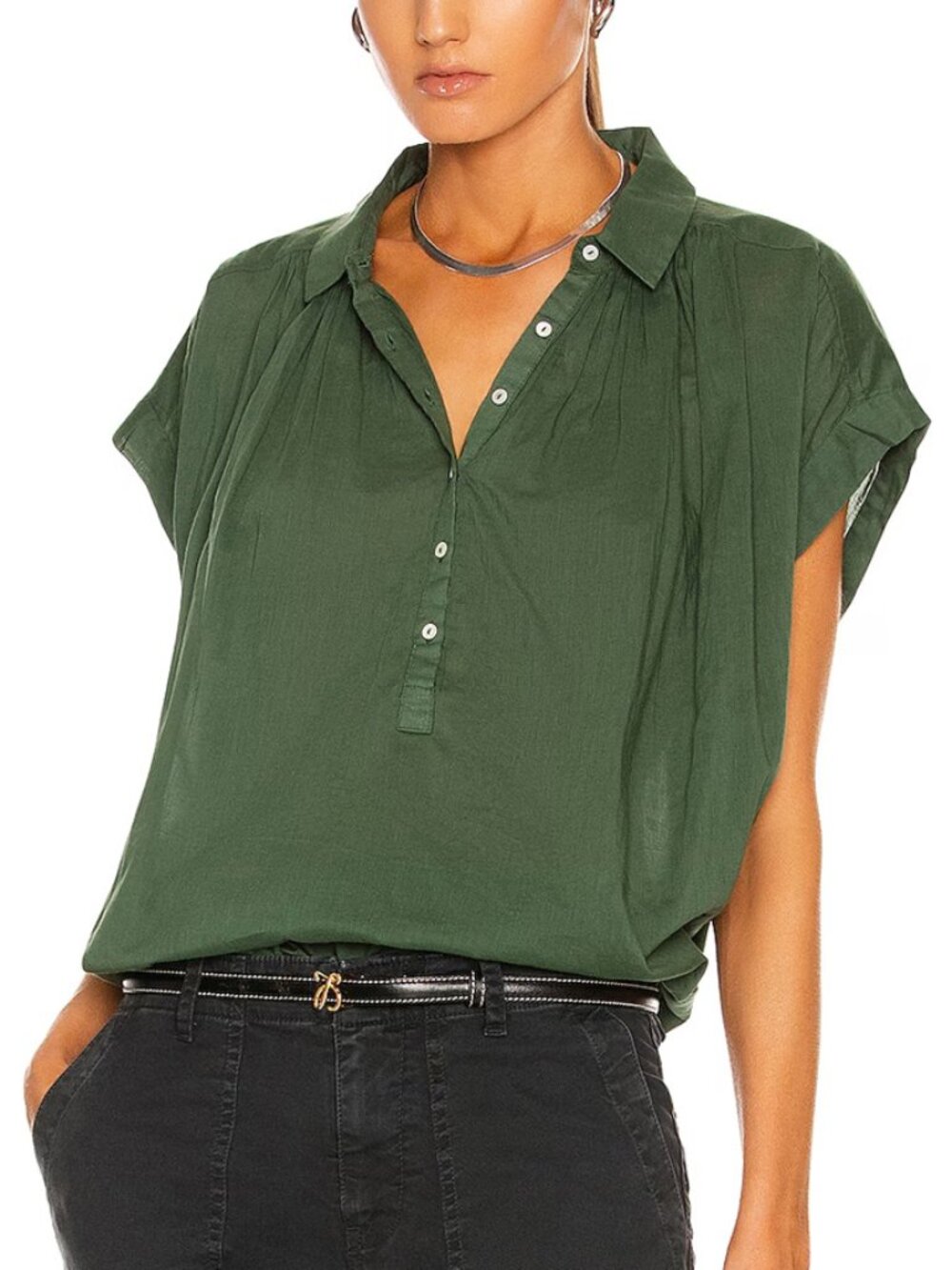 Nili Lotan Olive Green Short Sleeve Button Front Blouse